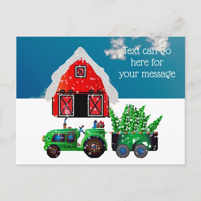 Green Farm Tractor Red Barn Postcard (Front)