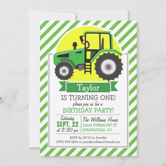 Green Farm Tractor with Yellow;  Green & White Invitation (Front)