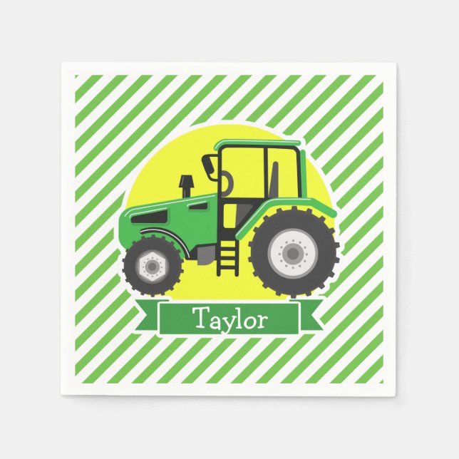 Green Farm Tractor with Yellow;  Green & White Napkin (Front)