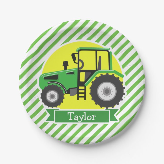 Green Farm Tractor with Yellow;  Green & White Paper Plate (Front)