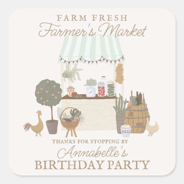 Green Farmers Market Farm Fresh Birthday Favour Square Sticker (Front)