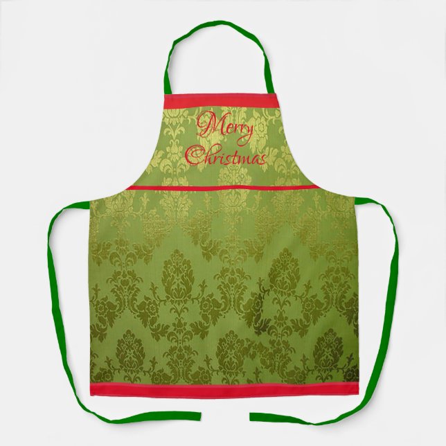  Green Faux Brocade Red Trim Holiday Apron (Front)