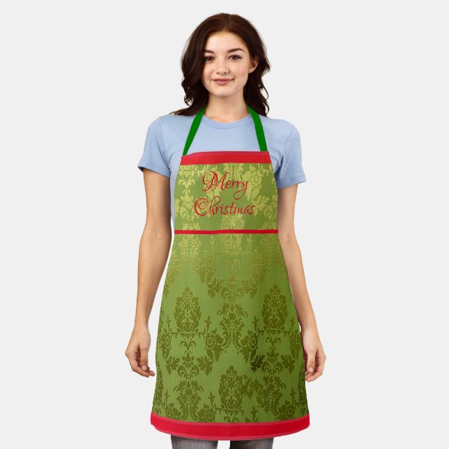  Green Faux Brocade Red Trim Holiday Apron (Worn)