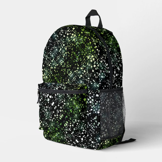 Green Faux Glass Glitter Sparkle on Black Printed Backpack (Back Corner Right)