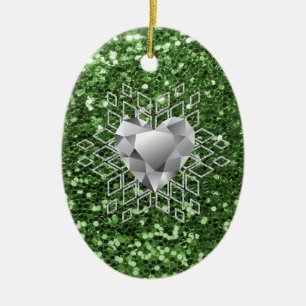 Green Faux Glitter Diamond Heart Snowflake Ceramic Tree Decoration