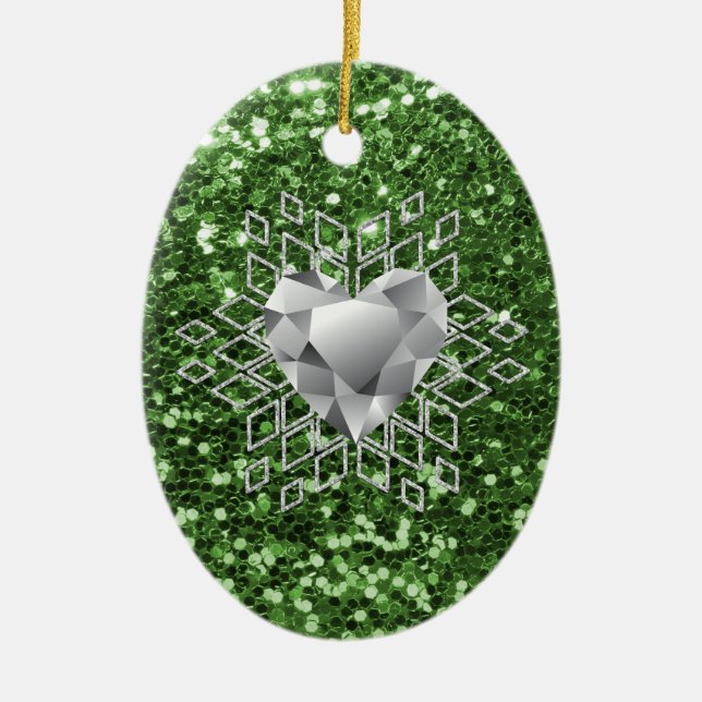 Green Faux Glitter Diamond Heart Snowflake Ceramic Tree Decoration (Front)
