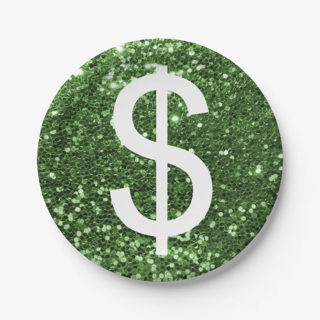 Green Faux Glitter Dollar Sign Pattern Paper Plate (Front)