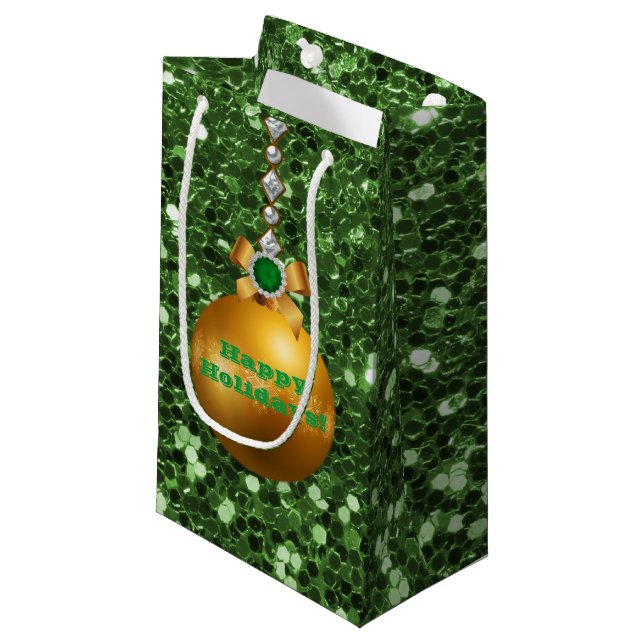 Green Faux Glitter Gold Ball Ornament Jewel Small Gift Bag (Front Angled)