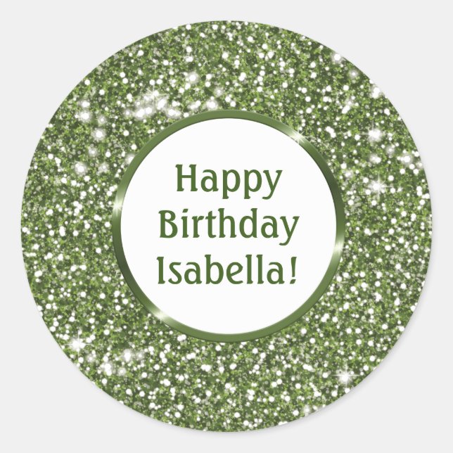 Green Faux Glitter Texture Custom Happy Birthday Classic Round Sticker (Front)
