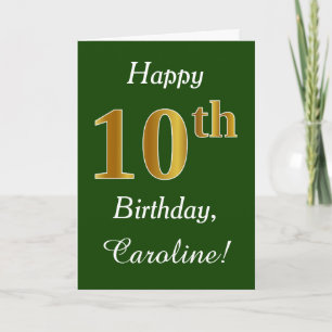 Green, Faux Gold 10th Birthday + Custom Name Card