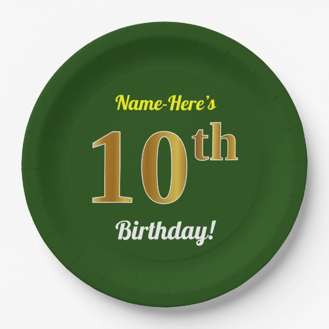 Green, Faux Gold 10th Birthday + Custom Name Paper Plate (Front)