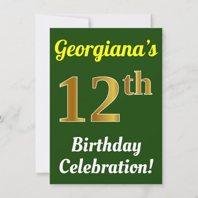 Green, Faux Gold 12th Birthday Celebration + Name Invitation (Front)