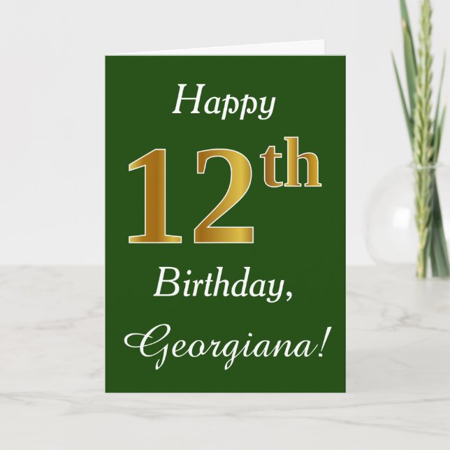 Green, Faux Gold 12th Birthday + Custom Name Card (Front)