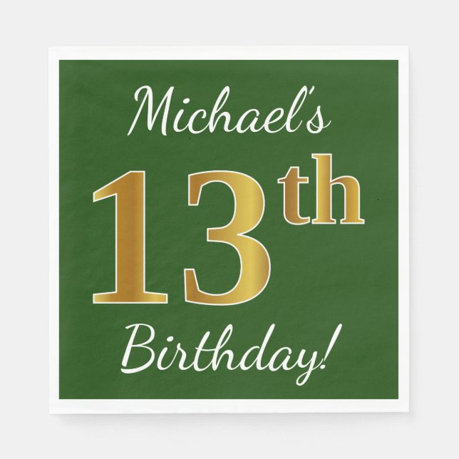 Green, Faux Gold 13th Birthday + Custom Name Napkin (Front)