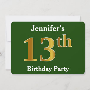 Green, Faux Gold 13th Birthday Party + Custom Name Invitation
