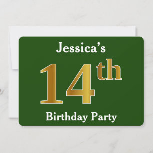 Green, Faux Gold 14th Birthday Party + Custom Name Invitation
