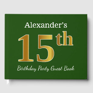 Green, Faux Gold 15th Birthday Party + Custom Name Guest Book