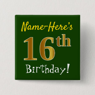 Green, Faux Gold 16th Birthday, With Custom Name 15 Cm Square Badge