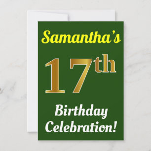Green, Faux Gold 17th Birthday Celebration + Name Invitation