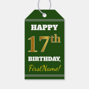Green, Faux Gold 17th Birthday + Custom Name Gift Tags