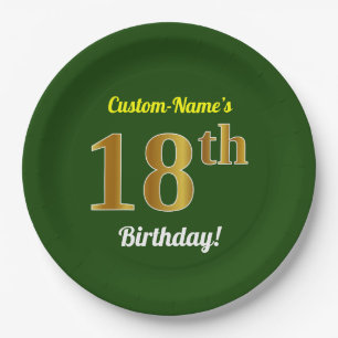Green, Faux Gold 18th Birthday + Custom Name Paper Plate