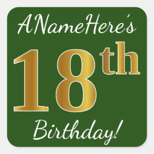 Green, Faux Gold 18th Birthday + Custom Name Square Sticker