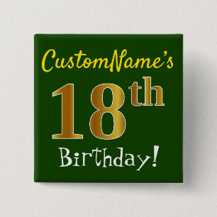 Green, Faux Gold 18th Birthday, With Custom Name 15 Cm Square Badge