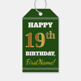 Green, Faux Gold 19th Birthday + Custom Name Gift Tags