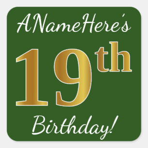 Green, Faux Gold 19th Birthday + Custom Name Square Sticker