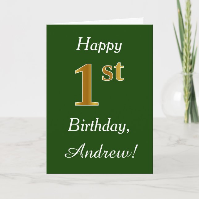 Green, Faux Gold 1st Birthday + Custom Name Card (Front)
