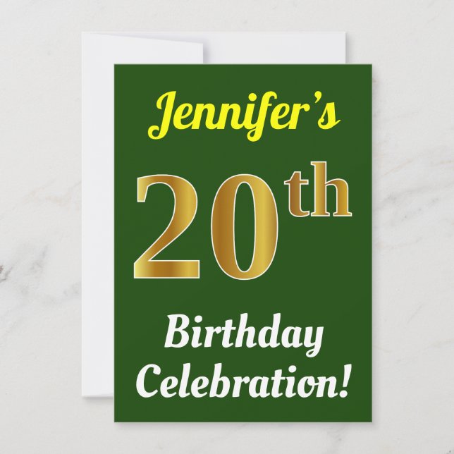 Green, Faux Gold 20th Birthday Celebration + Name Invitation (Front)