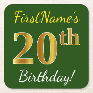 Green, Faux Gold 20th Birthday + Custom Name Square Paper Coaster