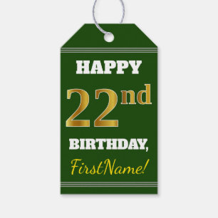 Green, Faux Gold 22nd Birthday + Custom Name Gift Tags