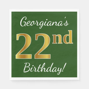 Green, Faux Gold 22nd Birthday + Custom Name Napkin