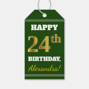 Green, Faux Gold 24th Birthday + Custom Name Gift Tags