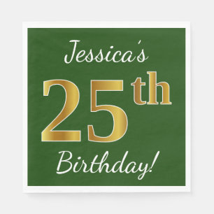 Green, Faux Gold 25th Birthday + Custom Name Napkin