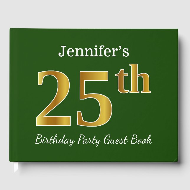 Green, Faux Gold 25th Birthday Party + Custom Name Guest Book (Front)