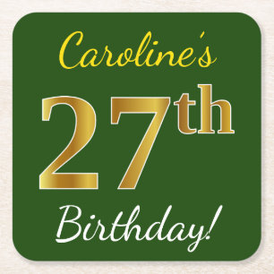 Green, Faux Gold 27th Birthday + Custom Name Square Paper Coaster
