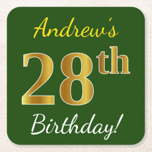 Green, Faux Gold 28th Birthday + Custom Name Square Paper Coaster