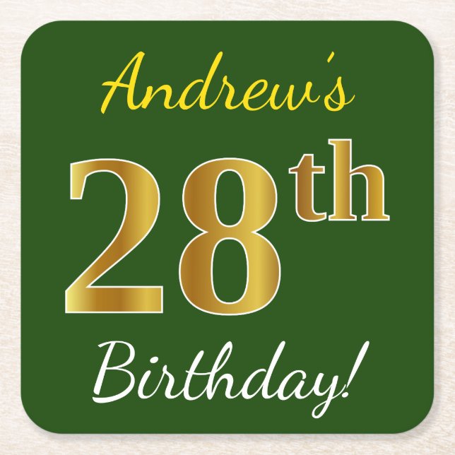 Green, Faux Gold 28th Birthday + Custom Name Square Paper Coaster (Front)