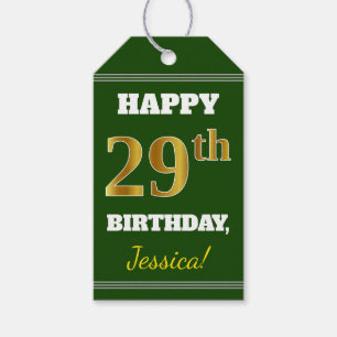 Green, Faux Gold 29th Birthday + Custom Name Gift Tags