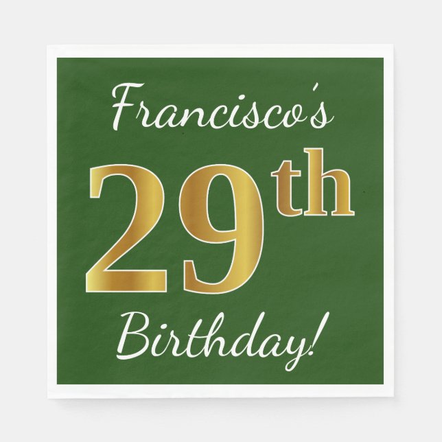Green, Faux Gold 29th Birthday + Custom Name Napkin (Front)