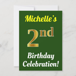 Green, Faux Gold 2nd Birthday Celebration + Name Invitation