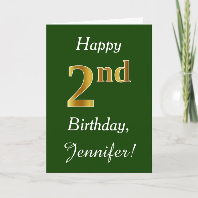 Green, Faux Gold 2nd Birthday + Custom Name Card (Front)