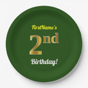 Green, Faux Gold 2nd Birthday + Custom Name Paper Plate
