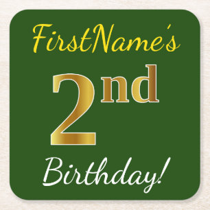 Green, Faux Gold 2nd Birthday + Custom Name Square Paper Coaster