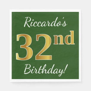 Green, Faux Gold 32nd Birthday + Custom Name Napkin