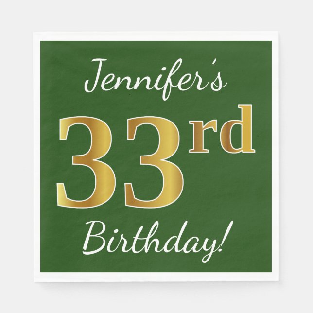 Green, Faux Gold 33rd Birthday + Custom Name Napkin (Front)