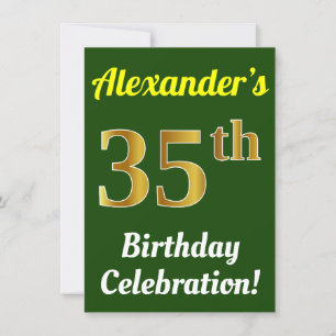 Green, Faux Gold 35th Birthday Celebration + Name Invitation