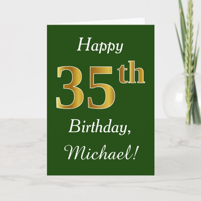 Green, Faux Gold 35th Birthday + Custom Name Card (Front)